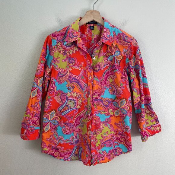 Chaps Womens Medium Paisley Button Up Shirt Vibrant Colorful Blouse 3/4 Sleeve - Picture 6 of 8